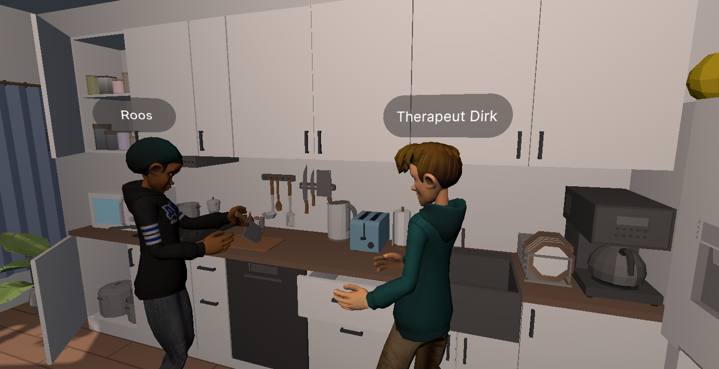 Cliënt Roos en Therapeut Dirk staan samen in een virtuele keuken tijdens een hybride vaktherapie-sessie in VR Health Experience