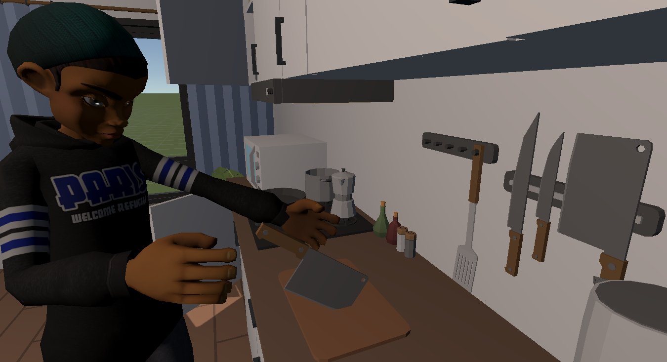 Cliënt pakt een mes van het aanrecht in een virtuele keuken tijdens een oefensituatie in VR Health Experience