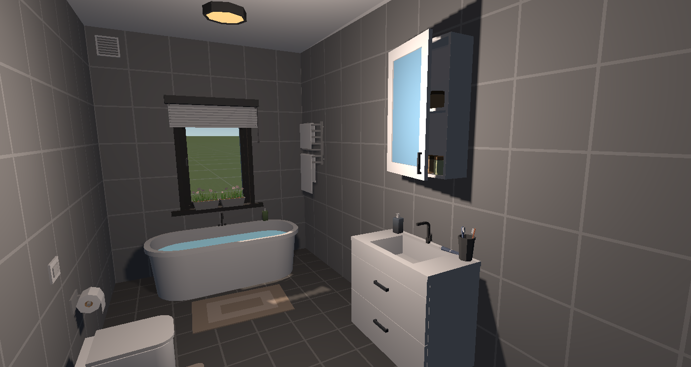 Virtuele badkamer met bad, wastafel en spiegel als oefenomgeving in VR Health Experience