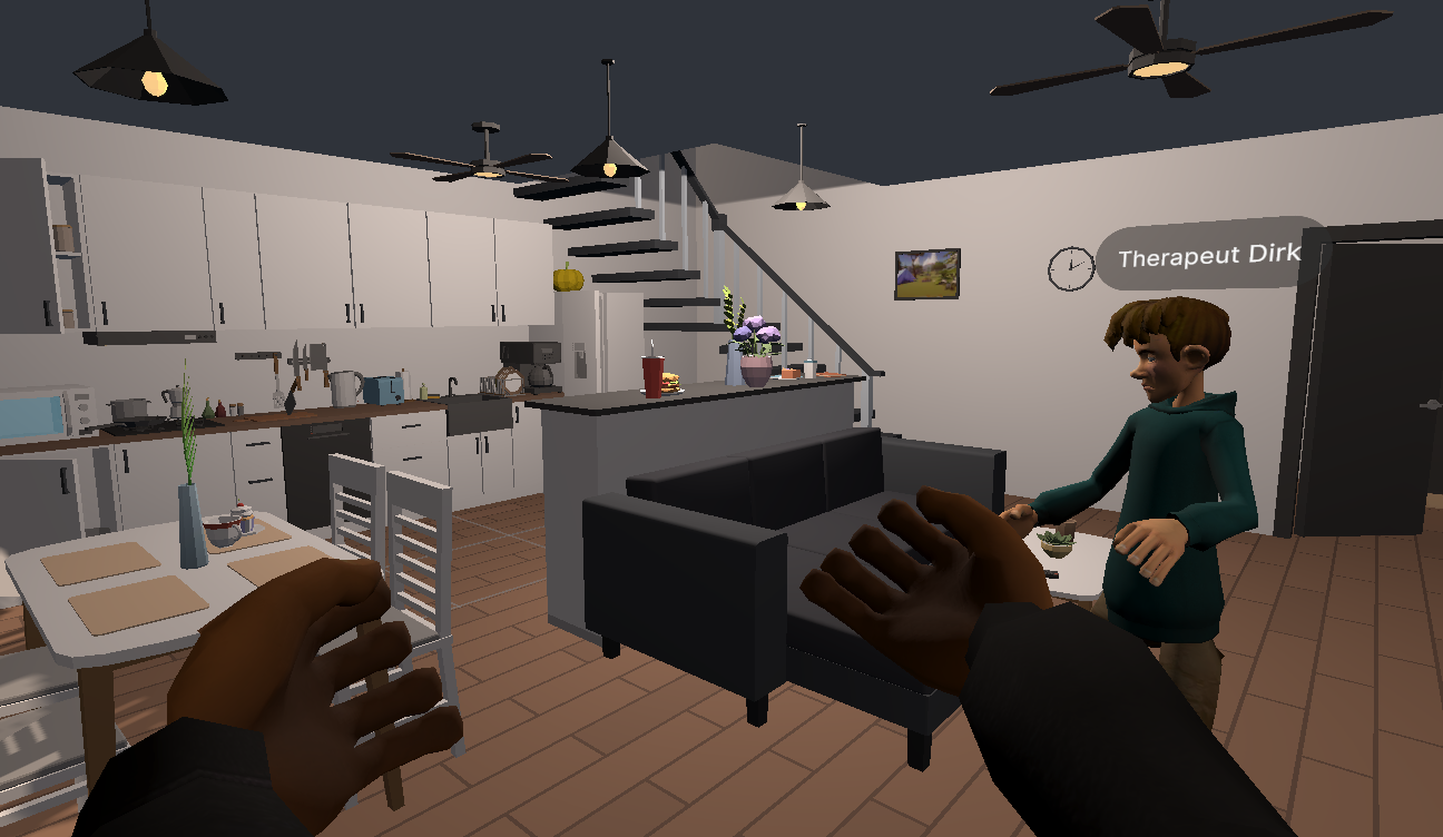 Cliënt en Therapeut Dirk in een virtuele woonkamer met open keuken en trap in VR Health Experience